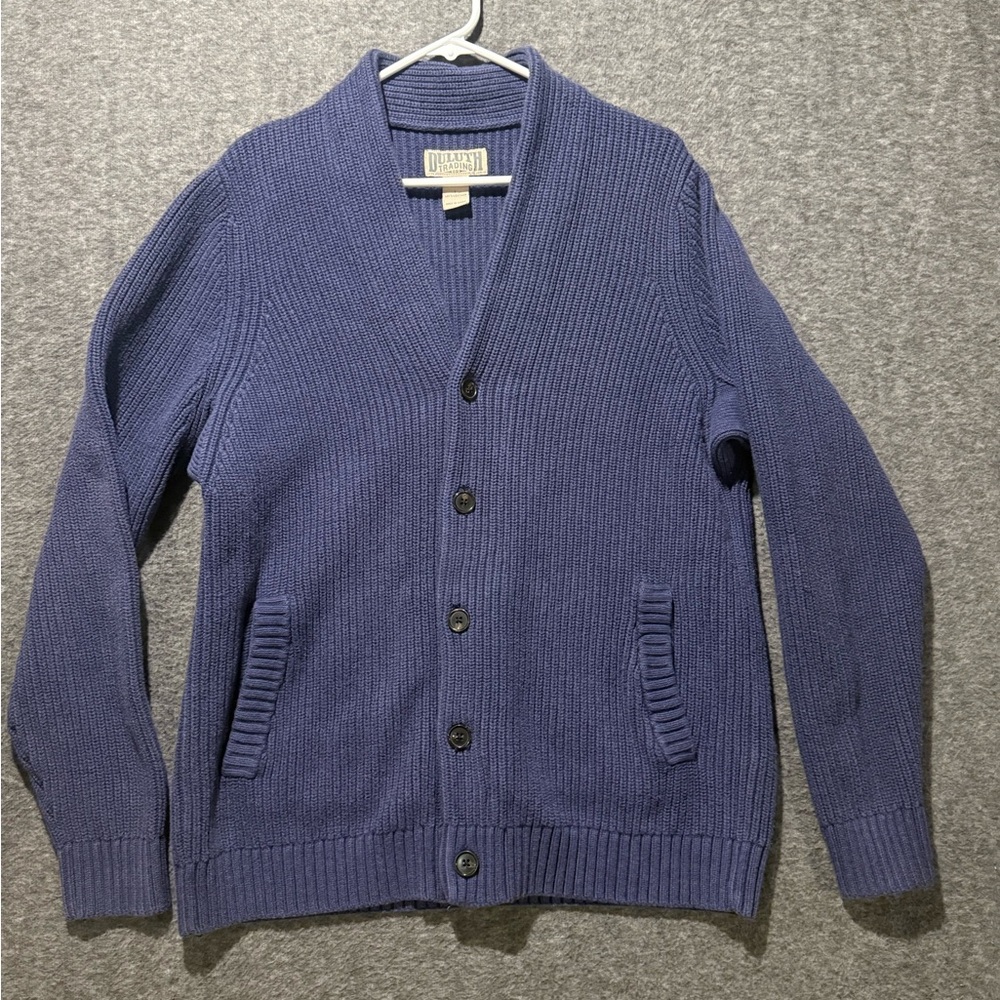 Duluth Trading Burly Retirement Shawl Cardigan Sweater Mens L blue cotton knit